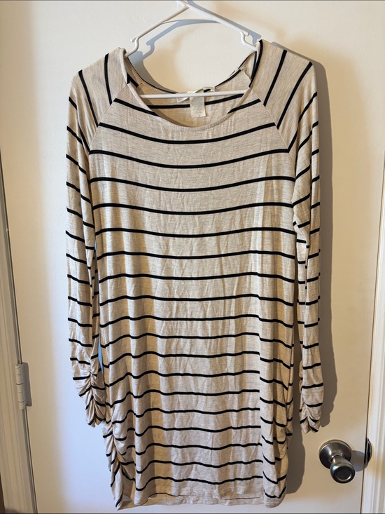 Love Kuza Dresses & Skirts - Striped Long-Sleeve Tee Dress in Cream & Black